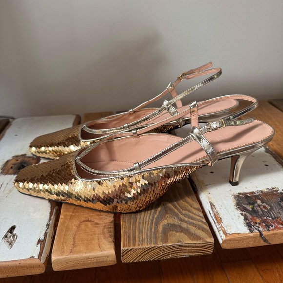 J. Crew Gold Metallic Sequin Square Toe Sling Back Kitten Heels Size 11 US - Picture 1 of 14